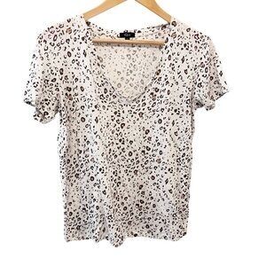 Rails Women’s Cara White Mocha Leopard Print Linen Blend V-Neck T-Shirt Small‎